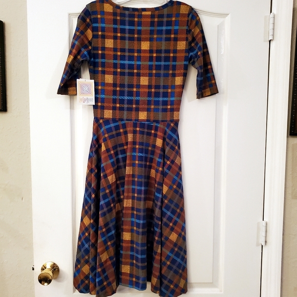 Lularoe S Orange Blue Plaid Nicole Midi Dress NWT - Picture 4 of 6